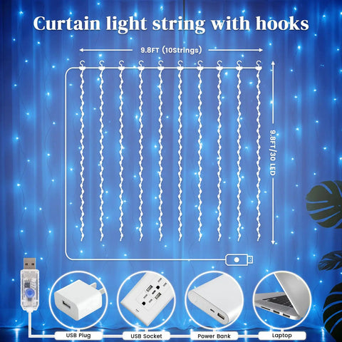 Diagram of Blue 300 LED Fairy Curtain Lights With Waterproof Waterfall Glow 9.8 Feet By 9.8 Feet 10 Vertical Strands Remote With 8 Modes