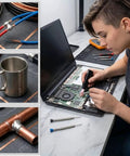 Person using 15 Pack Low Temp Aluminum Weld Rods 3.1 Inch For Quick Home Shop Fixes on laptop circuit with solder sticks beside.