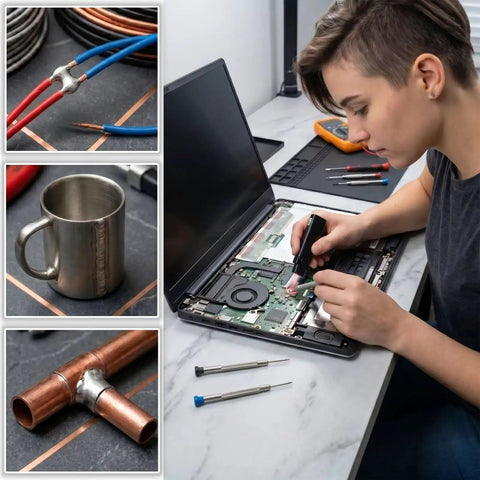 Person using 15 Pack Low Temp Aluminum Weld Rods 3.1 Inch For Quick Home Shop Fixes on laptop circuit with solder sticks beside.
