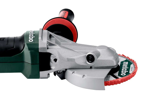 Built Tough Brushless 18V Cordless Flat Head Angle Grinder 125 MM Disc With Swivel Battery Base side view with blade detail.
