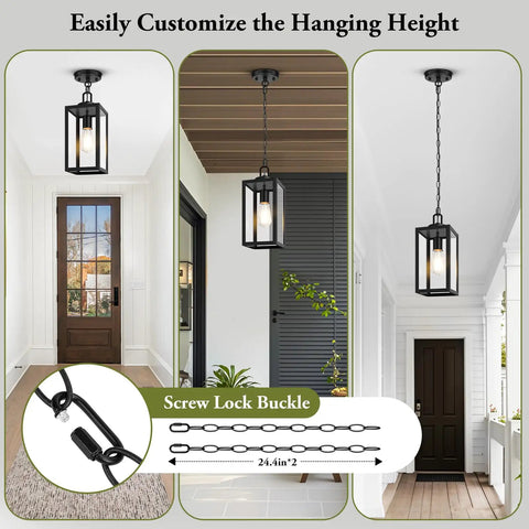 Slick Modern Outdoor Pendant Light, Top Notch Hanging Lantern For Front Porch And Entryway With Heavy Duty Weatherproof Build In Matte Black Finish showcasing adjustable height and design.