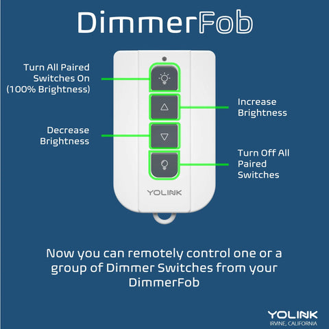 YoLink DimmerFob remote control for light switch dimming and toggling functions, featuring four labeled buttons.