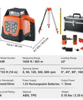 Red Rotary Laser Level Kit Pro Grade With 360 Degree Self Leveling 1650ft Range Surveying Tripod And 5m Staff IP66 Waterproof Remote 5 Rotation Speeds 4 Angle Adjustments Ships In Three Packages, orange ABS TPE unit with tripod and case