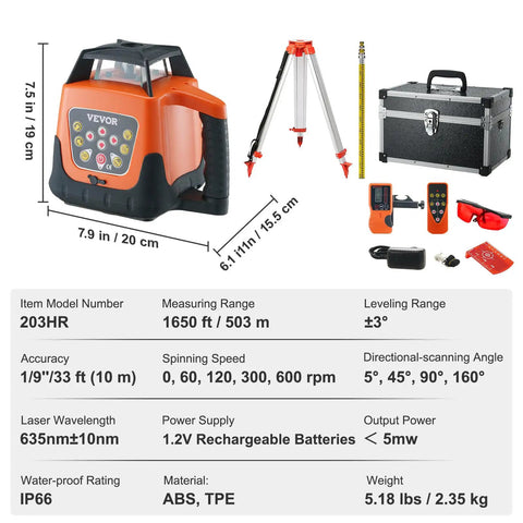 Red Rotary Laser Level Kit Pro Grade With 360 Degree Self Leveling 1650ft Range Surveying Tripod And 5m Staff IP66 Waterproof Remote 5 Rotation Speeds 4 Angle Adjustments Ships In Three Packages, orange ABS TPE unit with tripod and case