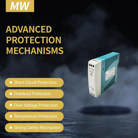 Rugged Industrial Grade 5V 2A DIN Rail Power Supply 10W With Wide Input 85 To 264VAC Or 120 To 370VDC, Fully Regulated Output UL508 Certified With TUV EAC BSMI ASNZS, Ideal For Factory Automation And Continuous Duty Use, blue DIN rail module with protection labels