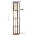 63.5 Inch Brown Wood Three Shelf Etagere Floor Lamp With USB Charging Port, Rustic Boho Tall Standing Storage Light With Dimensions