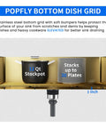 Rock Solid Gold 304 Stainless Steel Sink Grid Protector Covers 28 by 14 Inch Single Bowl with Rear Drain Heavy Duty Grid Guards holding a stockpot and plates.