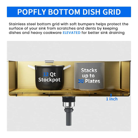 Rock Solid Gold 304 Stainless Steel Sink Grid Protector Covers 28 by 14 Inch Single Bowl with Rear Drain Heavy Duty Grid Guards holding a stockpot and plates.