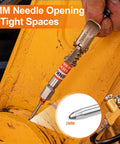 Close-up of grease needle dispenser from 4 Piece Quick Connect Greasing Accessory Kit With 90 Degree Coupler, Grease Needle Dispenser And Nozzles, Cleaning Tool, And Sturdy Portable Storage Box For Reaching Any Grease Fitting On Any Machine in use on a yellow machine part.