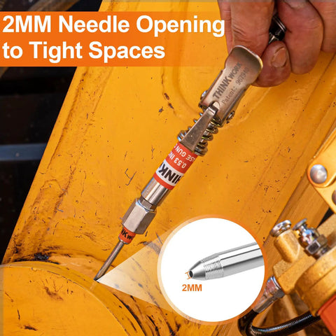 Close-up of grease needle dispenser from 4 Piece Quick Connect Greasing Accessory Kit With 90 Degree Coupler, Grease Needle Dispenser And Nozzles, Cleaning Tool, And Sturdy Portable Storage Box For Reaching Any Grease Fitting On Any Machine in use on a yellow machine part.