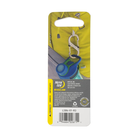Packaging of Dual S Biner Slide Lock Carabiner with product image attached to a yellow backpack loop