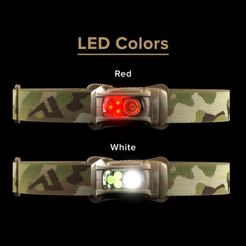 Two Remix LED Headlamp with 450 Lumens Multicam Camo Finish, showing red LEDs for night vision and white light mode