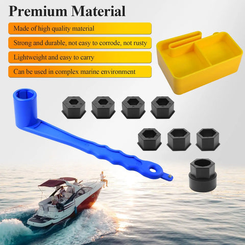 Prop Stop Block And Lightweight Propeller Wrench With Multiple Sockets For Marine Props And All Outboard Stern Drive Applications Includes Nine Common Nut Sizes From About Half Inch To One And Quarter Inch Easy Grip Blue
