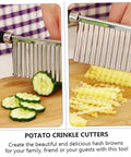 Stainless steel potato crinkle cutters with ergonomic handles; left shows cucumber slices, right shows crinkle fries.