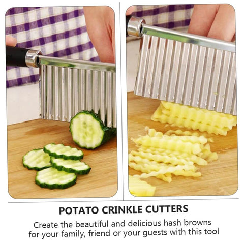 Stainless steel potato crinkle cutters with ergonomic handles; left shows cucumber slices, right shows crinkle fries.