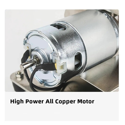 Close-up of Mini Electric Belt Grinder And Polisher Tool With 775 Motor, showing high power all copper motor for metal wood sanding.