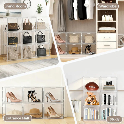 Three Pack Acrylic Purse Organizer for Closet Stackable Clear Handbag Storage Bins with Magnetic Doors in living room and wardrobe