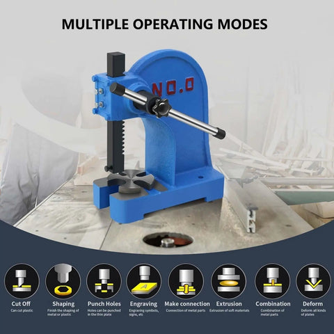 Top Shelf Heavy Duty Manual Arbor Press With Smooth Crank Lever Three Ton Benchtop Shop Press For Precision Stamping Hardware Assembly And Garage Work on wooden table, featuring multiple operating modes.