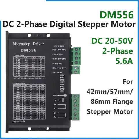 DM556 DC 2-Phase Digital Stepper Motor driver, compatible with 42mm/57mm/86mm flange motors, DC 20-50V, 5.6A.