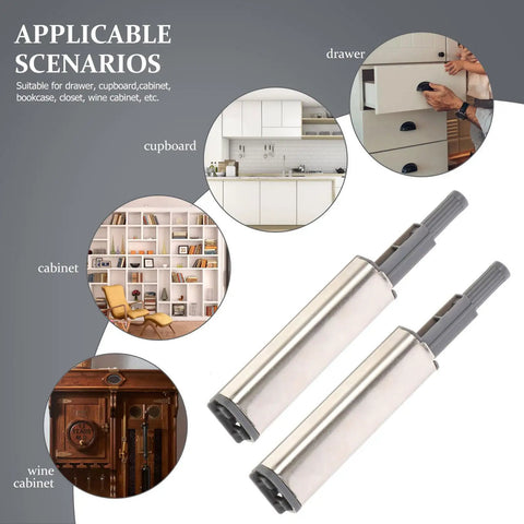 Hidden Cabinet Door Latch Four Pack Heavy Duty Push To Open Strong Touch Catch for cabinets and drawers next to usage scenario images