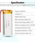 3.7V 1200mAh LiPo Battery Pack With PCM Protection 603450 Lithium Polymer Micro JST 1.25mm 2 Pin Connector with specs shown