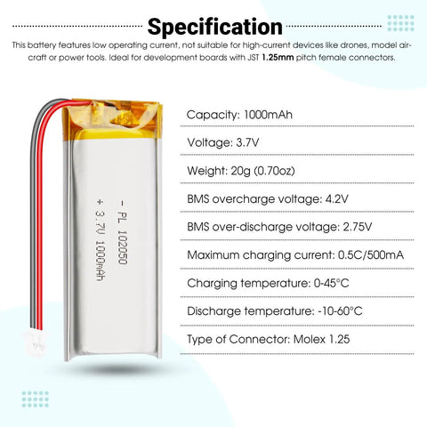 3.7V 1200mAh LiPo Battery Pack With PCM Protection 603450 Lithium Polymer Micro JST 1.25mm 2 Pin Connector with specs shown