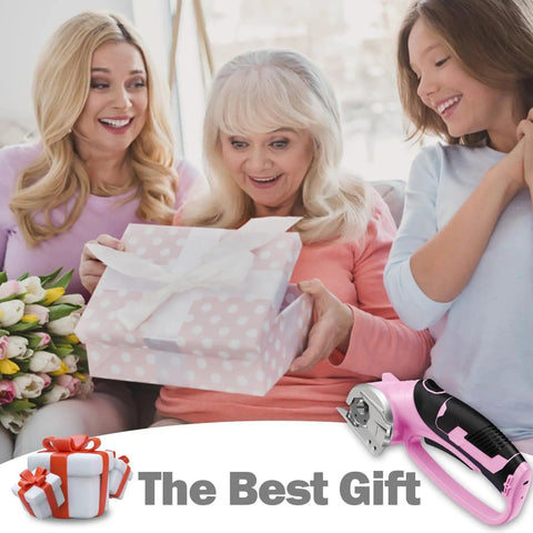 Women presenting gift box featuring Cordless Electric Scissors For Crafting And DIY Projects With LED Light 4V Box Cutter.