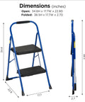 Two Step Steel Stool With Rubber Hand Grip In Blue For Home Use, Lightweight And Durable, Non Marring Feet, Dimensional View