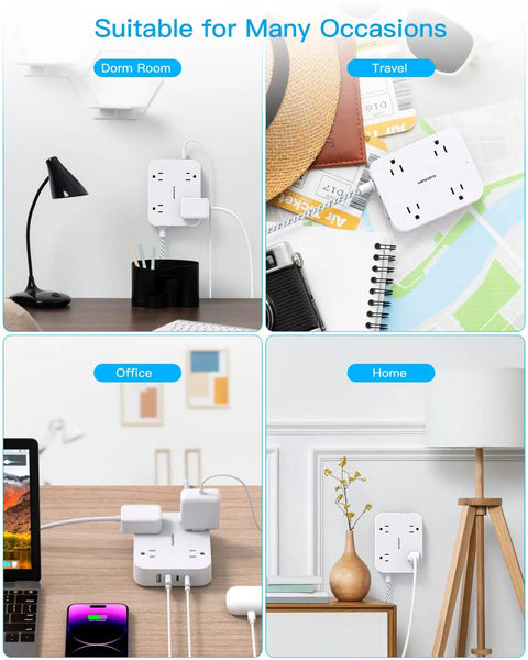 Legit Flat Plug Extension Cord With Four Wide Spaced Outlets And Dual Usb Type C Fast Charging Power Strip used in dorm room, office, home, and travel.