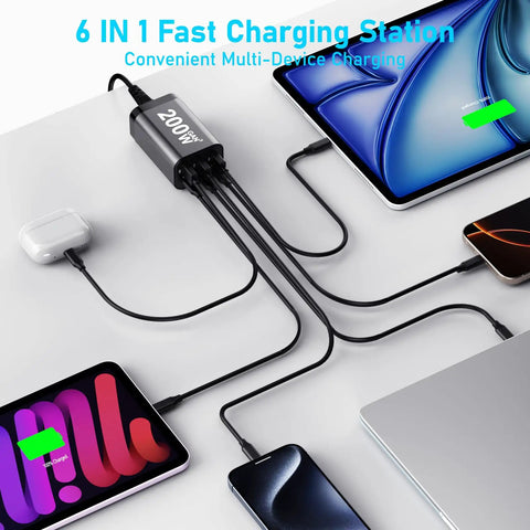 Ultra Fast 200W GaN USB C Charger Station With 6 Ports PPS PD 100W Type C Wall Charger Quick Charge Desktop All In One Power Hub