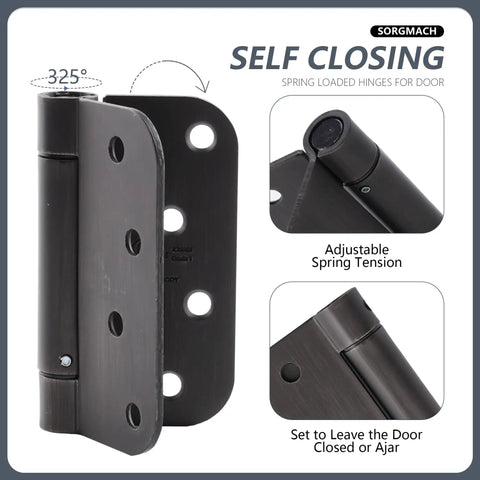 Oil Rubbed Bronze Self Closing Hinge With Adjustable Spring, Auto Close Door Hardware, Five Eighth Inch Radius Corner.