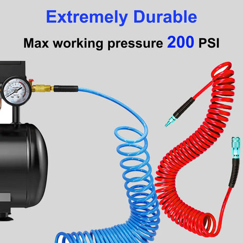 Two Pack Polyurethane Recoil Air Hose For Air Compressor 25 Feet Long With Bend Restrictor One Quarter Inch Inner Diameter, red and blue hoses