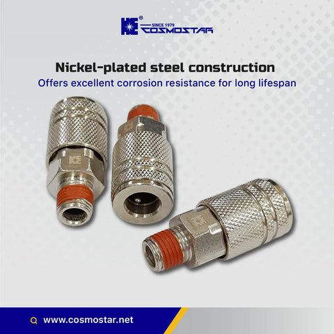 Sturdy Steel Air Coupler One Fourth Inch Flow Size NPT Male Thread Quick Connect With Pre Applied Sealant For Leak Free Air Tool Connections Built To Last Universal Milton Style Plug Compatible Three Piece Set