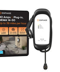 Plug And Play EV Charger Featuring A 25 Foot Braided Wire And Tough J1772 Connector with a black charging unit and display sign.