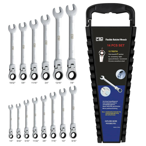 Flex Head Ratcheting Wrench Set 14 Piece SAE Wrenches In Inch Sizes From One Quarter To Seven Eighths Inch With Rack