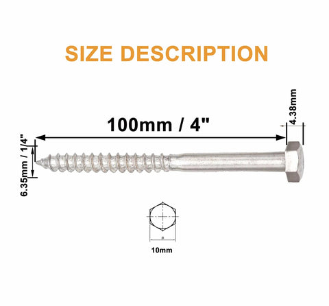 One Quarter Inch By Four Inch Stainless Steel Hex Head Lag Screws Bolts Heavy Duty Coach Bolts 304 Stainless Steel A2 70 18 8 Plain Finish 20 Pack With Storage Box size diagram
