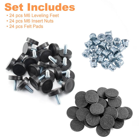 24 Pack M6 Thread Adjustable Furniture Levelers With Self Adhesive Felt Pads 1 Inch Leveling Feet And Floor Protectors Set