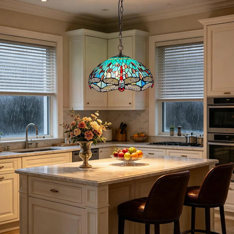 ARTZONE Antique Tiffany Pendant Light Fixture Stained Glass Hanging Lamp above marble kitchen island with flowers and fruits.