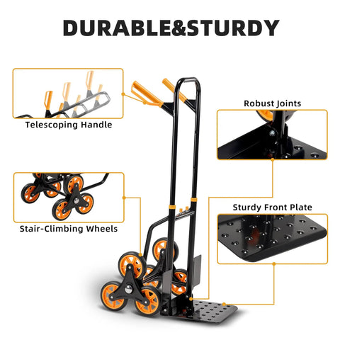 Heavy Duty Stair Climbing Dolly With Rolling Tracks And Swivel Casters. Features telescoping handle and sturdy wheels.