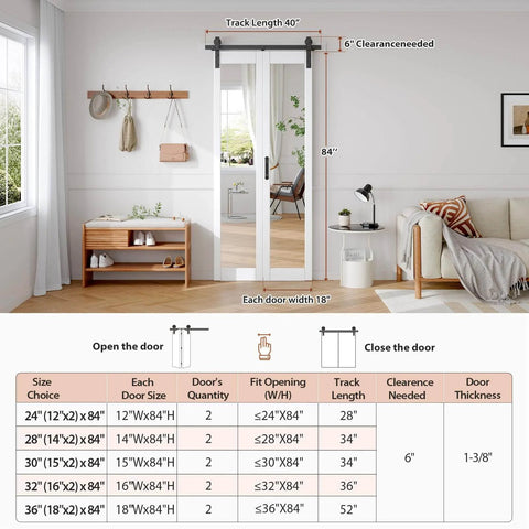 Bifold Barn Door Mirror 36x84 With One Lite Mirror shown in a living room setting, bi-fold closet doors hardware kit included.