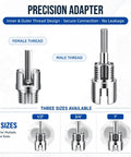 Precision adapter for 4 In 1 Pipe Tapping And Threading Tool Kit, shows male and female threads, fits 1/2, 3/4, and 1 inch PVC tubing.
