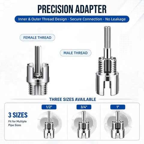 Precision adapter for 4 In 1 Pipe Tapping And Threading Tool Kit, shows male and female threads, fits 1/2, 3/4, and 1 inch PVC tubing.