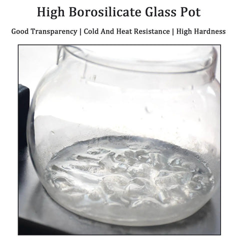 High Borosilicate Glass Pot showing clear transparency and durable design for hot and cold beverages.