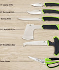 Hunters Field Dressing Kit 10 Piece Portable Game Processing Set knives, axe, saw, and shears with green handles on wood background