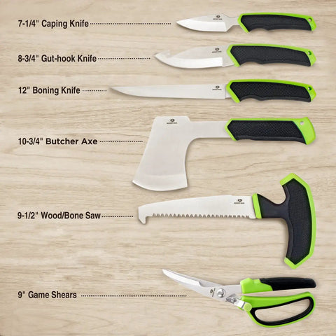 Hunters Field Dressing Kit 10 Piece Portable Game Processing Set knives, axe, saw, and shears with green handles on wood background