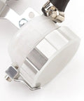 Close-up of reservoir pump for 7 By 8 Inch CNC Master Cylinder Dual Hydraulic Brake And Clutch Levers Kit, stainless steel finish.