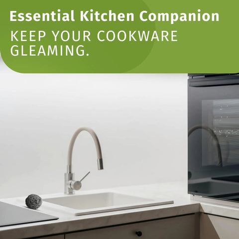 Heavy Duty Stainless Steel Scouring Pads 12 Pack Bulk Cleaning Scrubbers on kitchen counter, ideal for maintaining cookware.