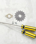 Precision Machined Motorcycle Sprocket Kit With Pro Grade Alloy Steel Small Gear Plate Inner Diameter Screw And Retainer For Bikes Electric Scooters Front Chain Drive Replacement, shown with tools and components