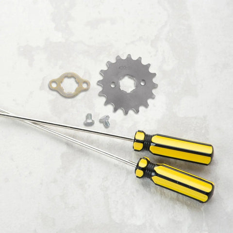 Precision Machined Motorcycle Sprocket Kit With Pro Grade Alloy Steel Small Gear Plate Inner Diameter Screw And Retainer For Bikes Electric Scooters Front Chain Drive Replacement, shown with tools and components