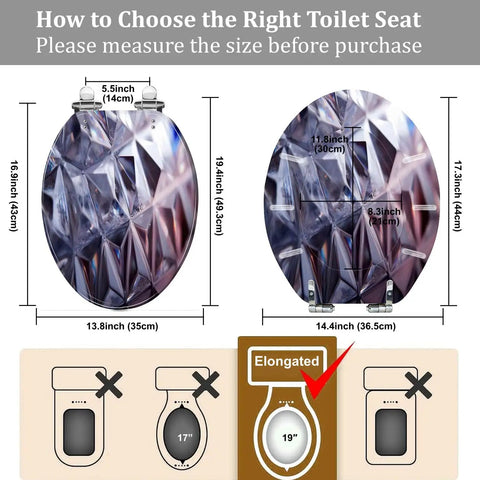 Elongated Quiet Close Toilet Seat for Bathroom with size guide, dimensions 14.4" x 19.4" and installation tips.